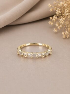 Gold CZ Baguette & Round Band Ring